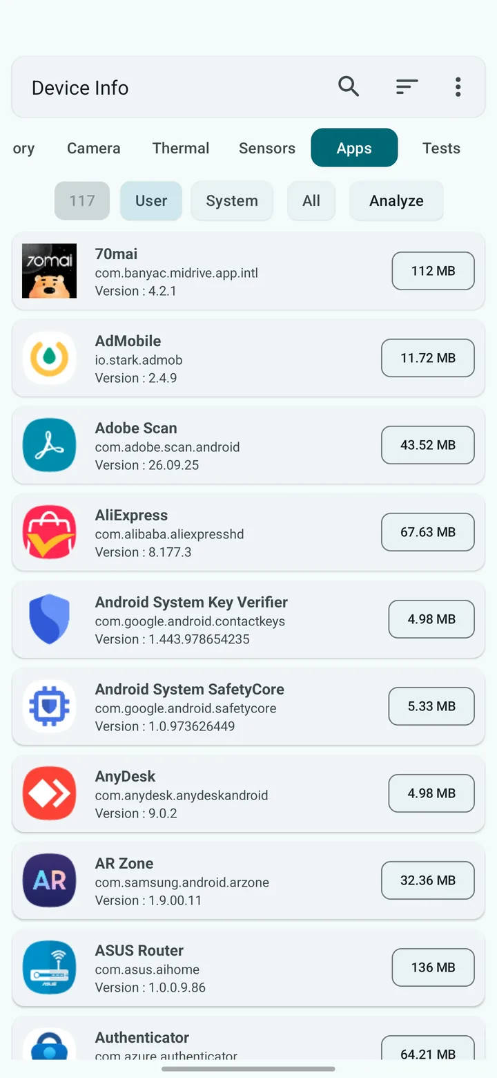 Installed apps screen