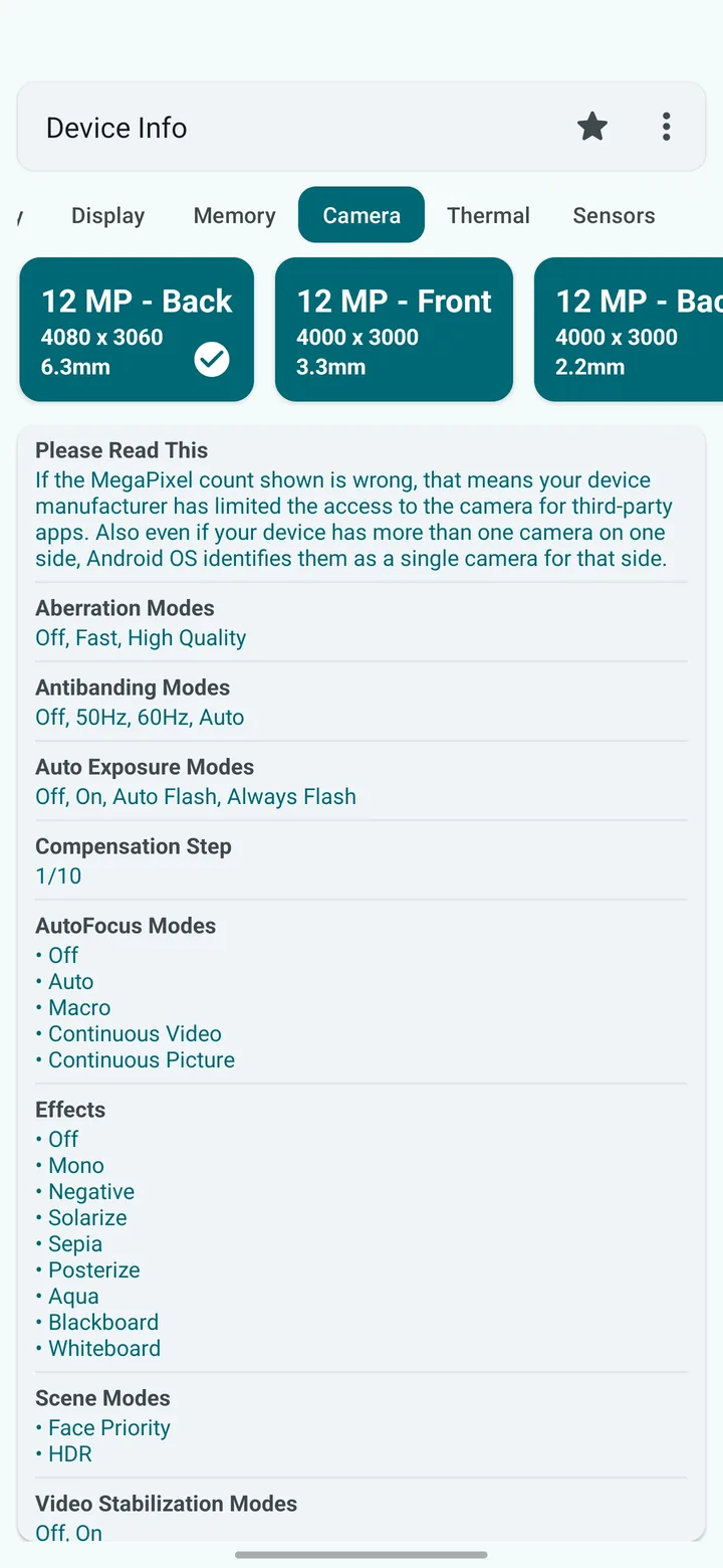 Camera screen in Device Info
