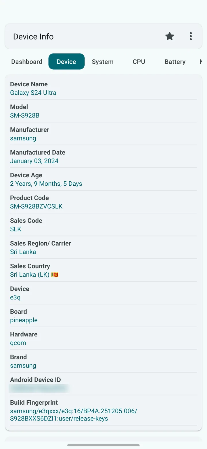 Device screen in Device Info