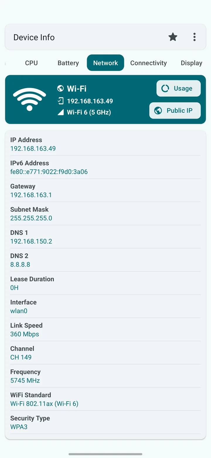 Network screen in Device Info