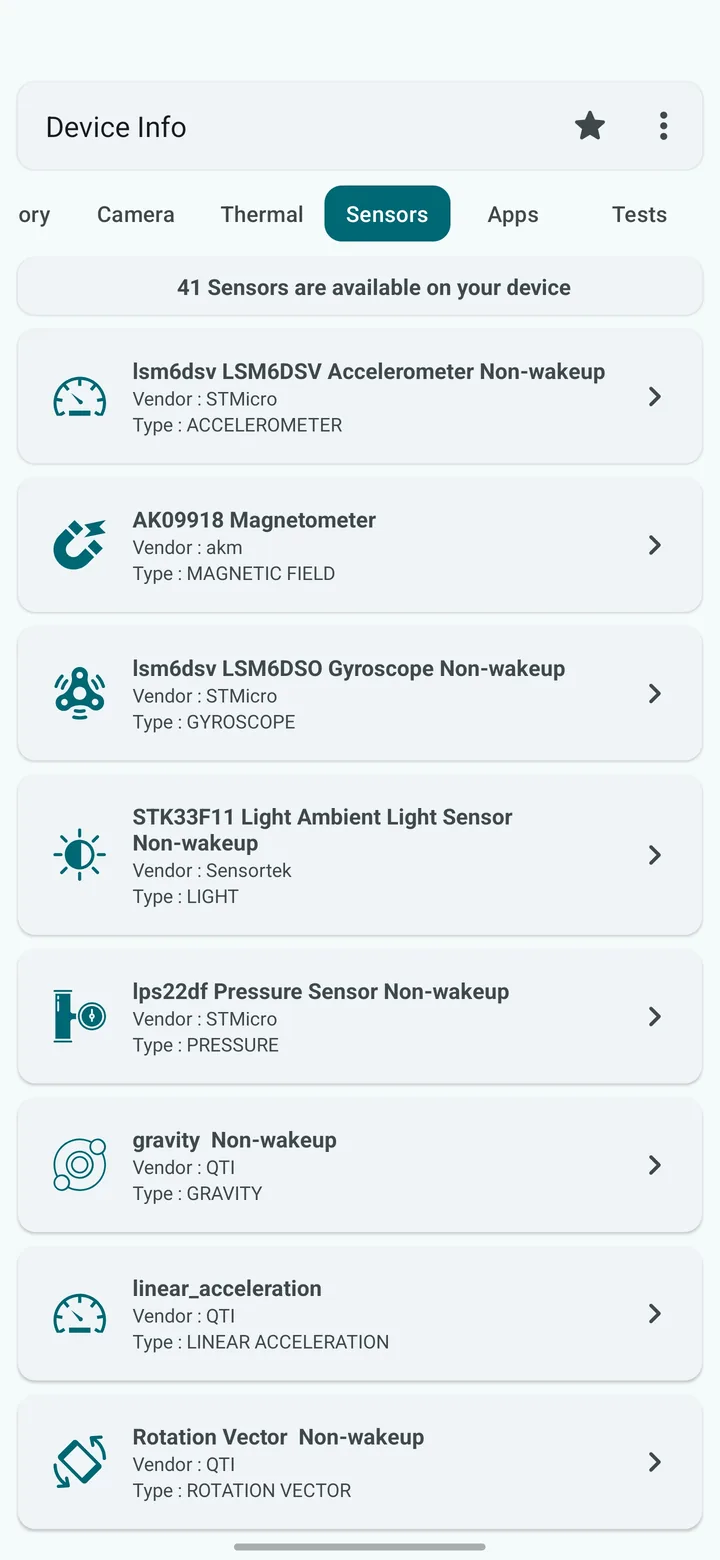 Sensors screen in Device Info