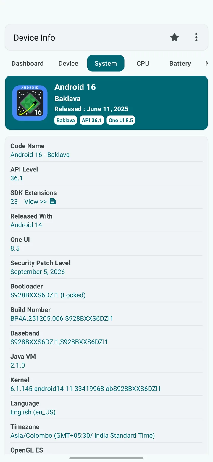 System screen in Device Info