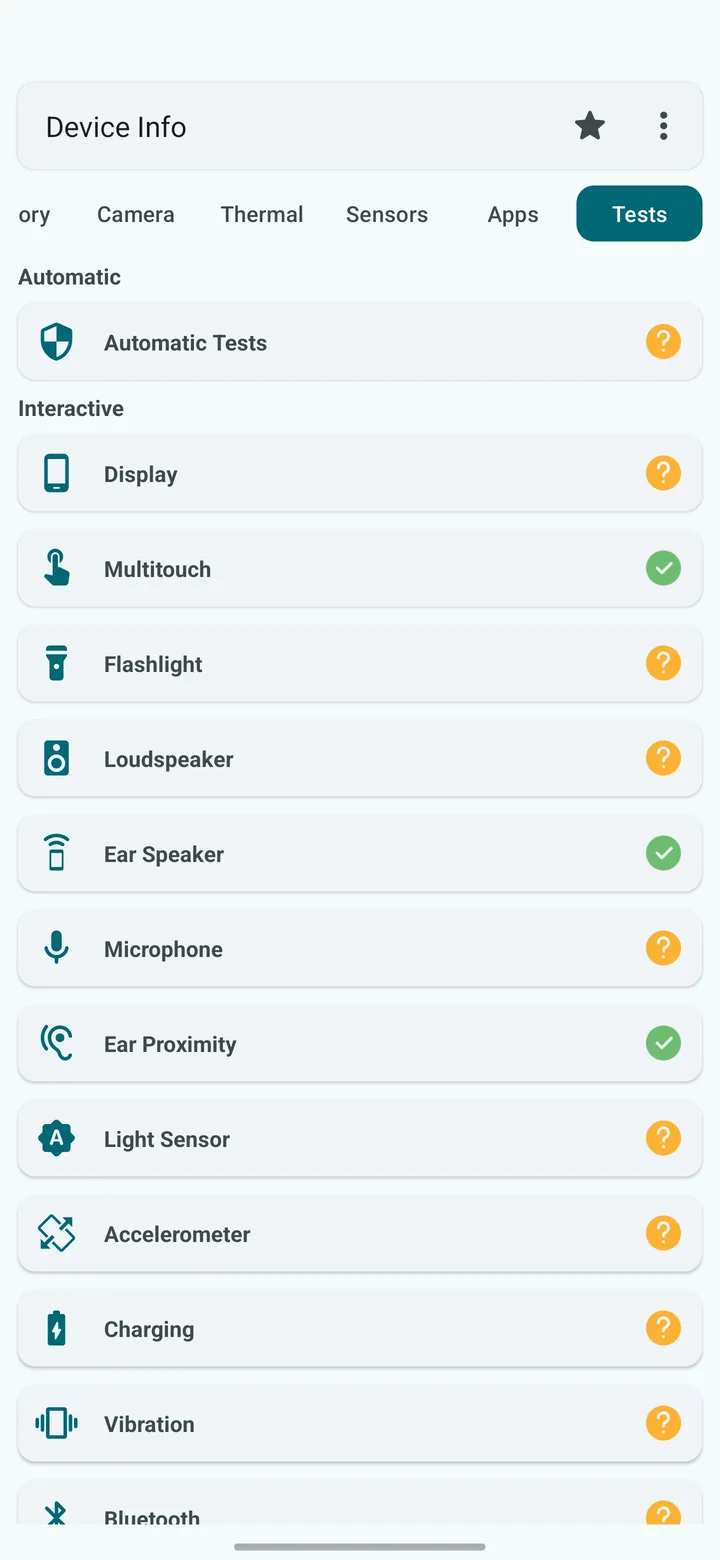 Hardware tests screen